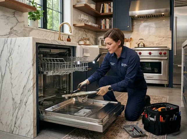 Appliance Repair Hero technician servicing a built-in dishwasher in a Argyle, TX kitchen