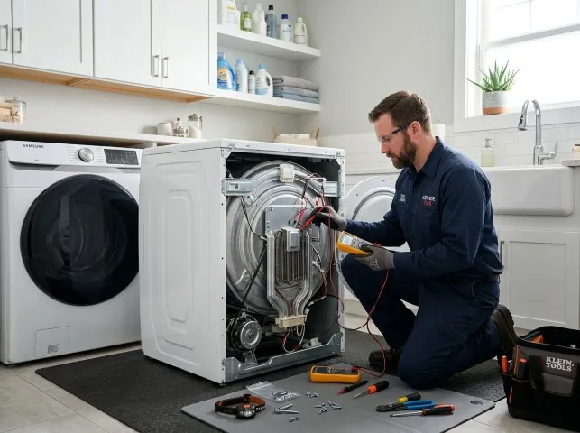 Appliance Repair Hero technician checking a dryer heating element with the rear panel off in Argyle, TX