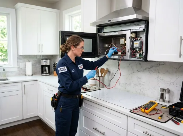 Appliance Repair Hero technician testing an over-the-range microwave in a Argyle, TX kitchen