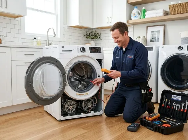 Appliance Repair Hero technician testing a front-load washer with a multimeter on a Argyle, TX service call
